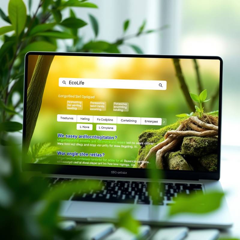 Sitio web de 'EcoLife', optimizado para SEO, mostrando resultados de búsqueda relevantes y una alta posición en los rankings.